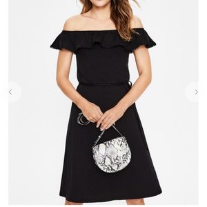 New BODEN Bethany Off The Shoulder Sun Dress Black Slub Kersey Knit Tie Belt